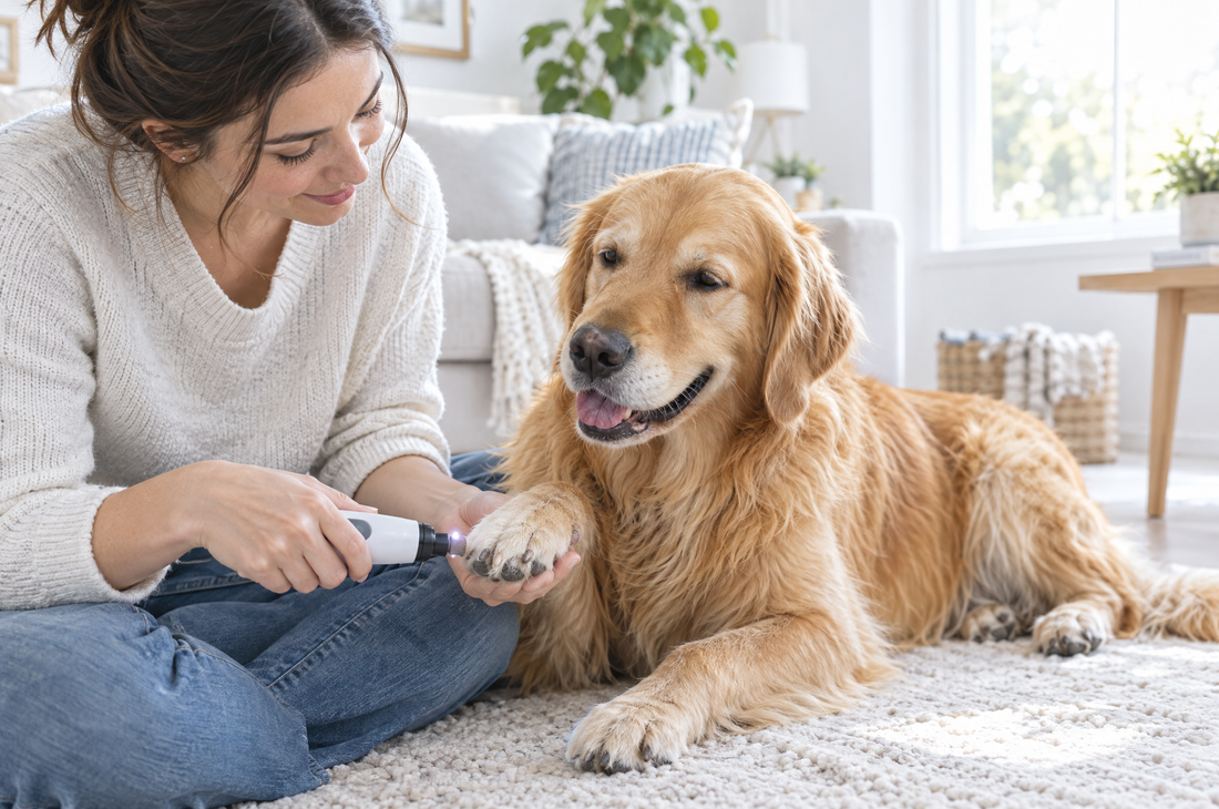 Owner gently trimming a golden retriever's nails with an electric grinder