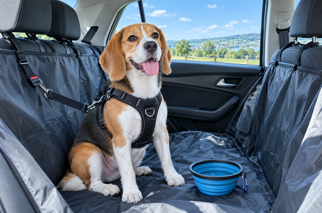 Happy beagle in a harness on a hammock seat cover in the back of a car