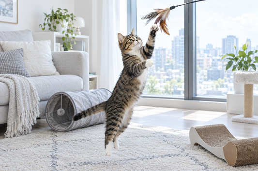 Tabby cat leaping for a feather wand toy in a bright apartment