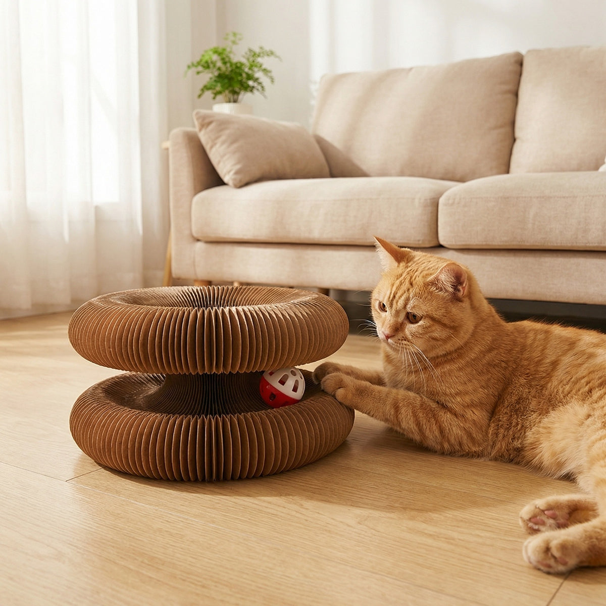 Foldable Accordion Cardboard Cat Scratcher with Bell