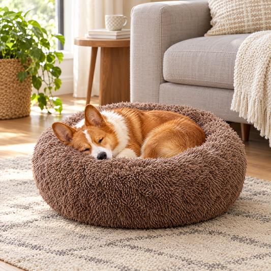 Round plush donut dog bed – lifestyle photo 1