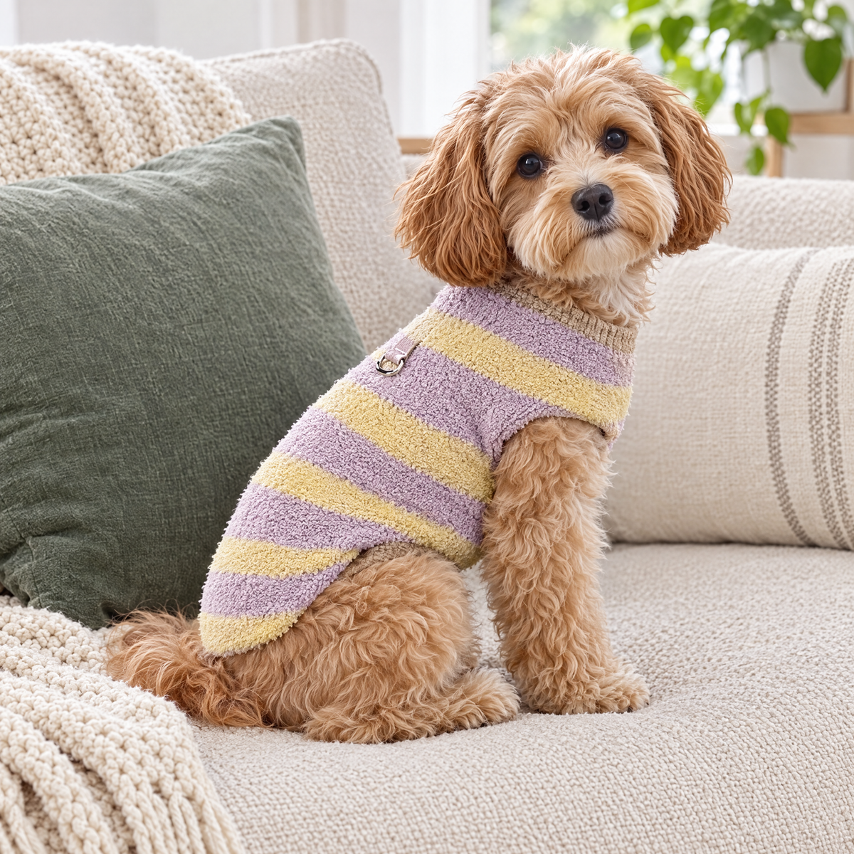 Striped fleece dog sweater – lifestyle photo 1