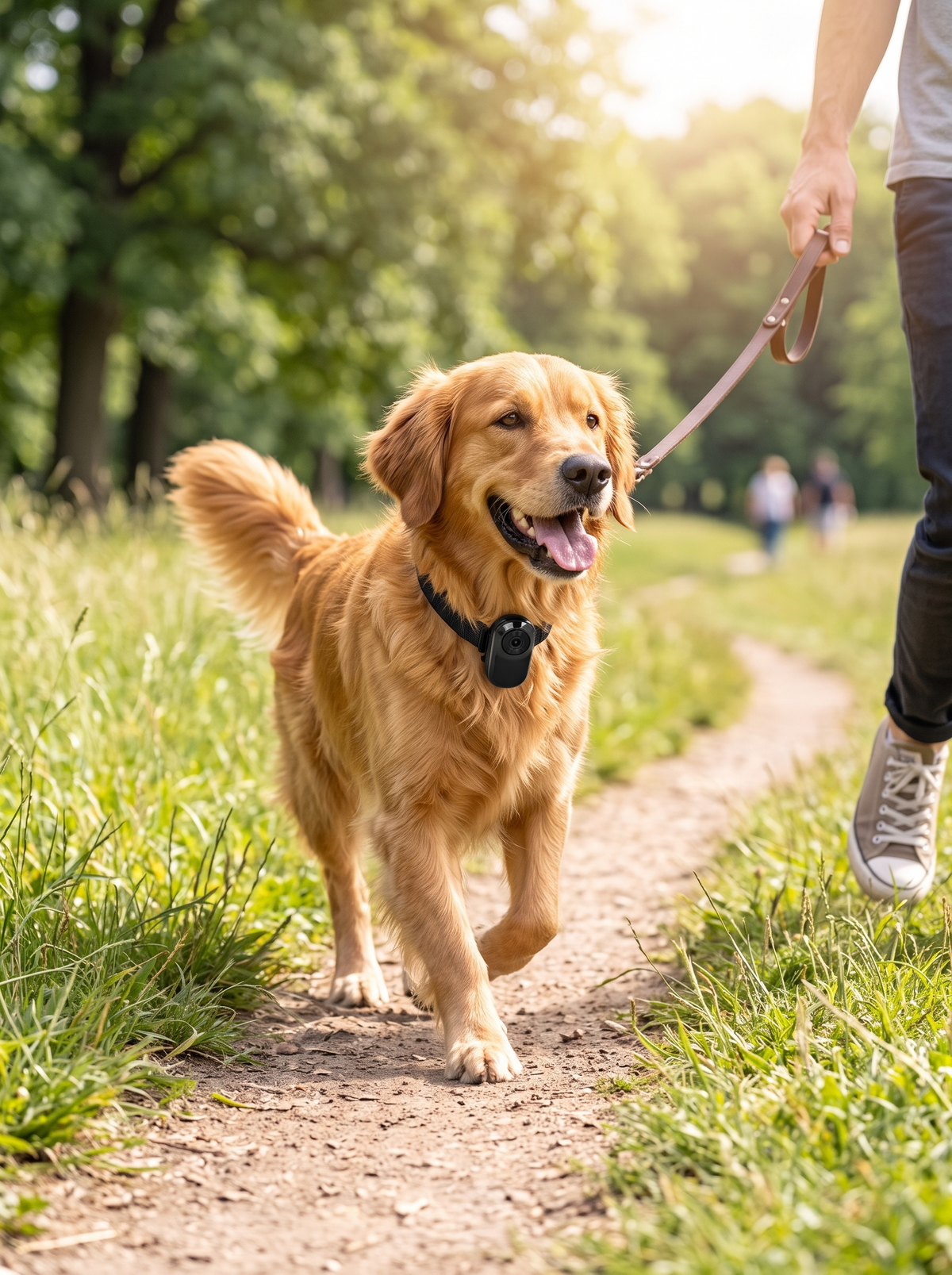 Dog wearing the pet collar camera on a sunny park walk