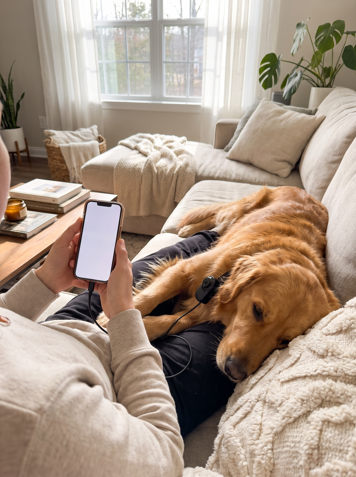 Owner sharing pet collar camera clips on a phone at home