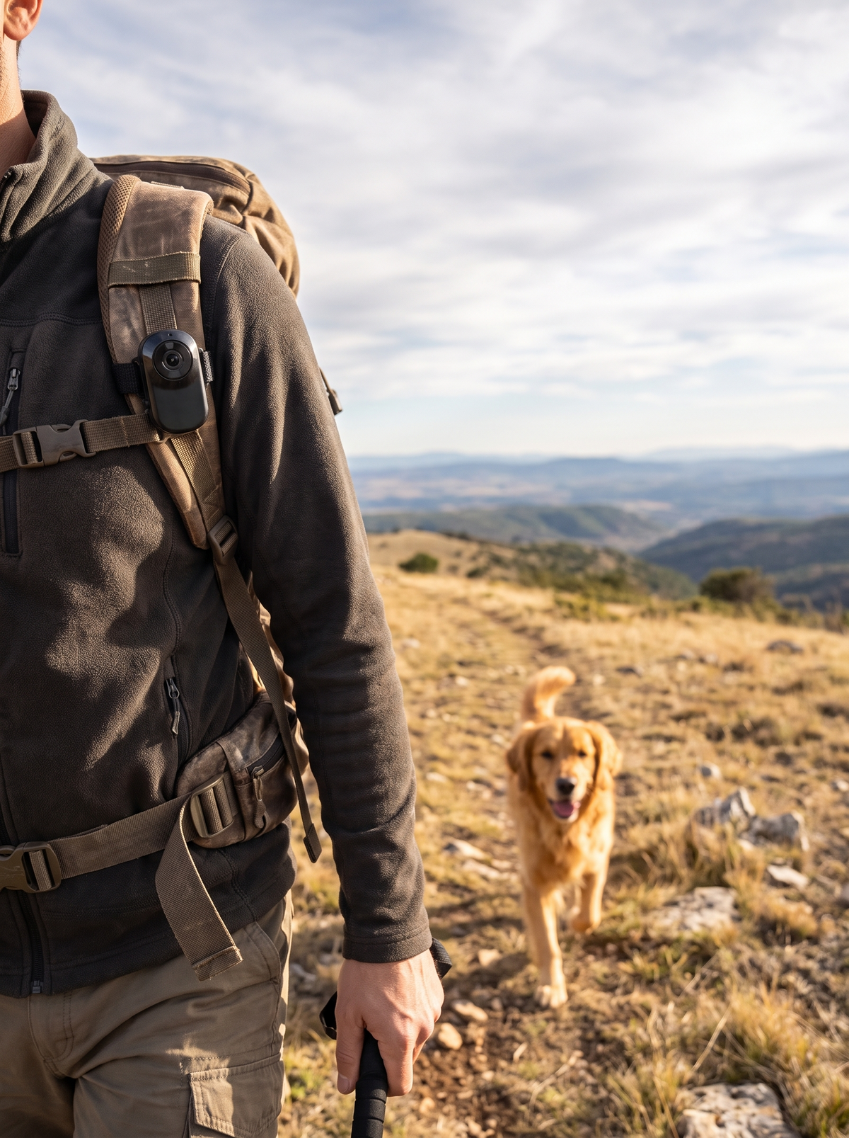 Pet collar camera clipped to a hiking backpack strap