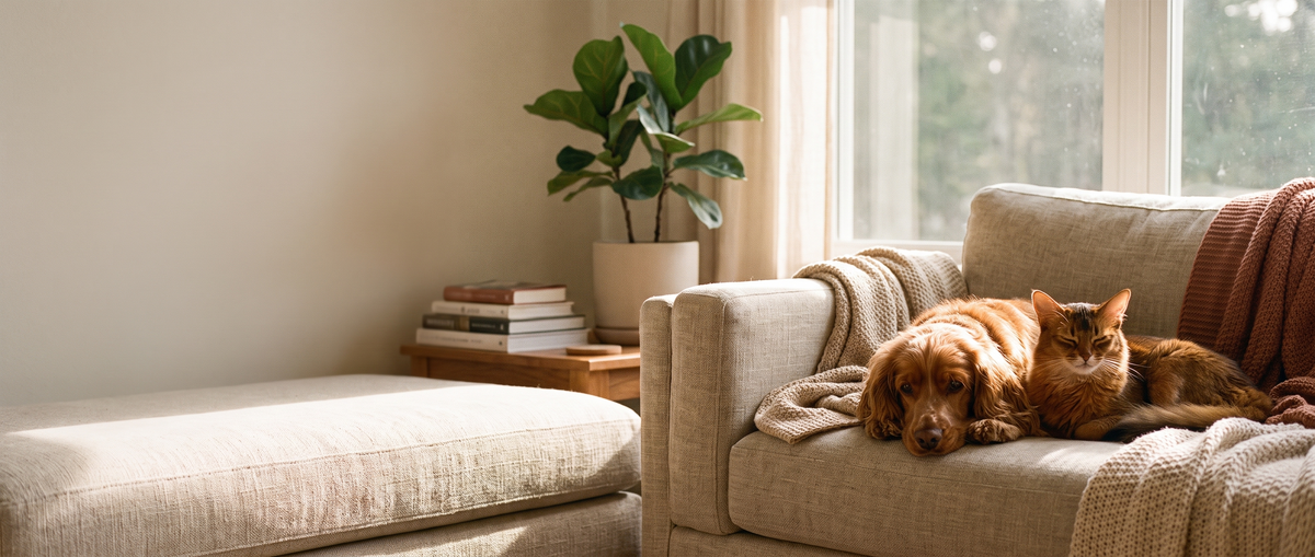 Dog and cat resting on a sofa
