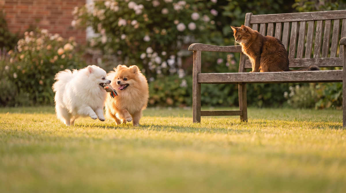 Happy dogs playing in a sunny backyard