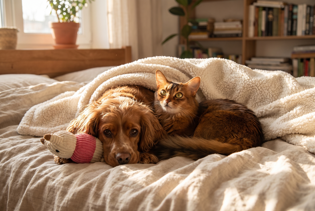 Dog and cat relaxing on a bed